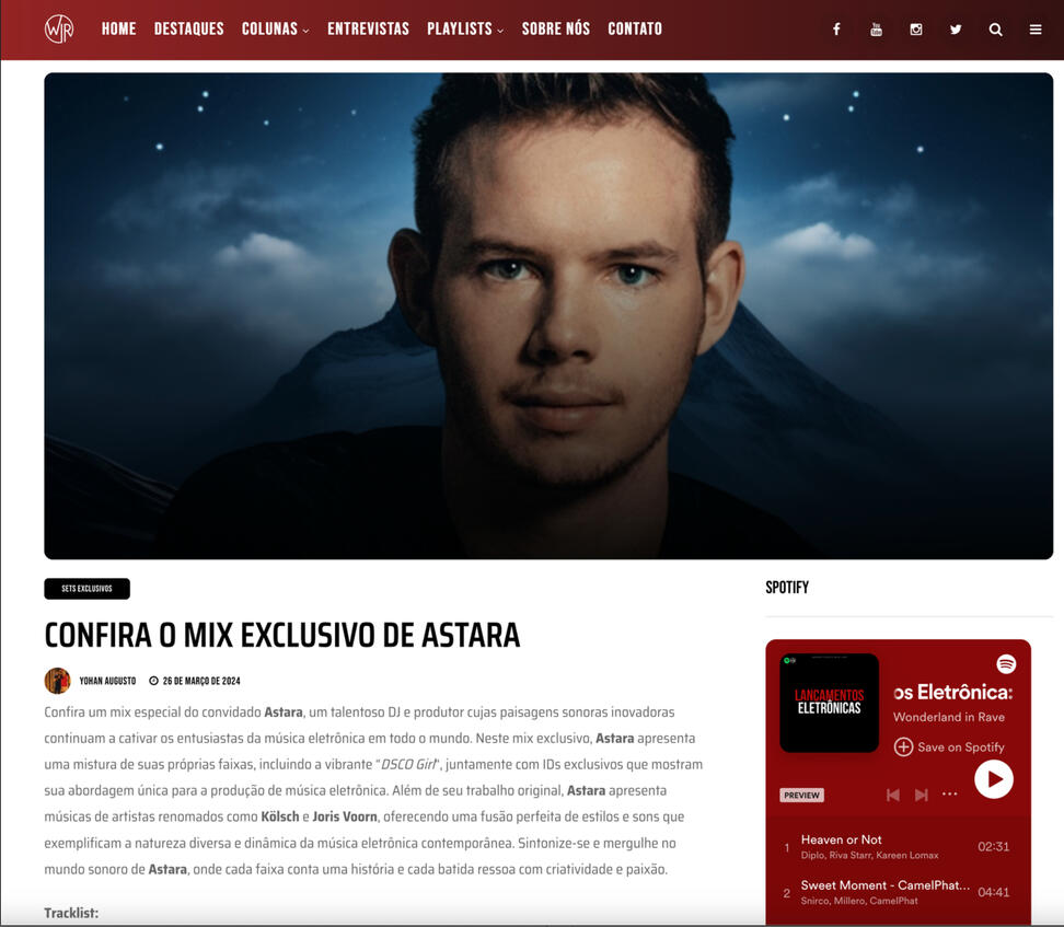 Astara delivers an exclusive mix for prominent Latin American dance outlet Wonderland In Rave featuring numerous unreleased singles!